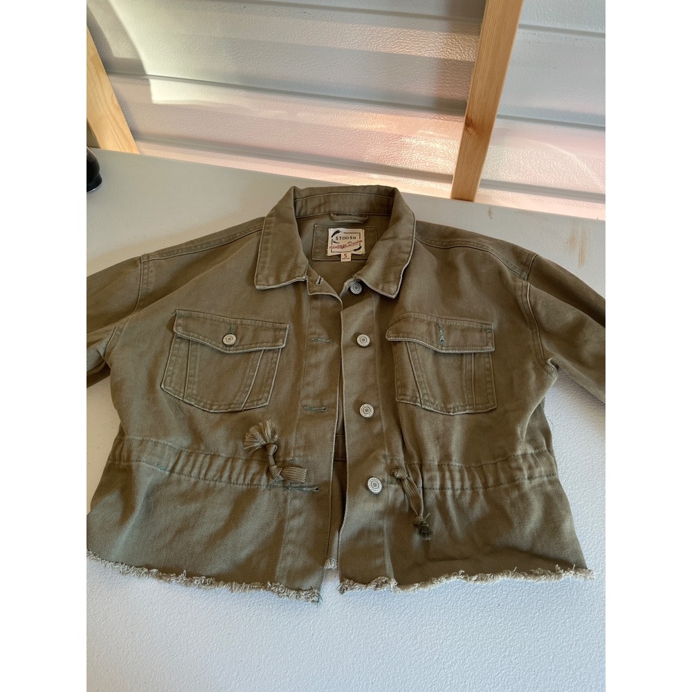 STOOSH Vintage Denim Jacket Khaki Utility Cropped Raw Hem Women's Size S